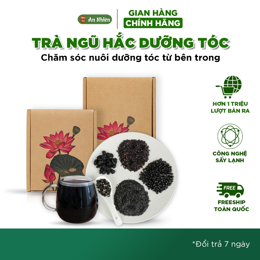 Trà Ngũ Hắc An Nhiên, hỗ trợ nuôi dưỡng tóc nhanh khoẻ, đen tóc, tóc rụng yếu,Nguyên liệu sấy lạnh, Sấy lạnh