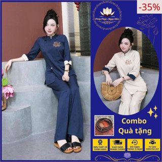 Bộ đồ đi chùa cổ tàu thêu Sen vải đũi Thái. Pháp phục đi chùa vải đũi mềm Sang trọng