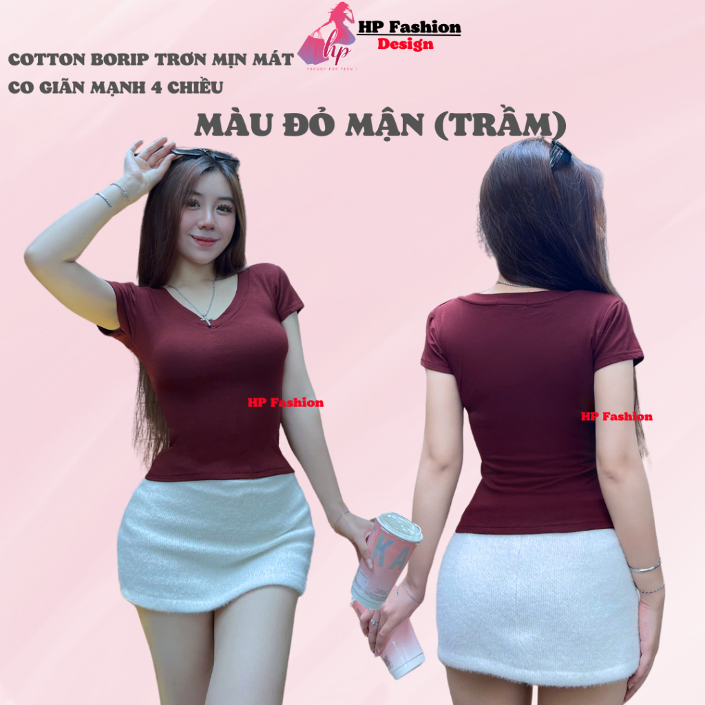 Áo thun cổ tim nữ chiết eo basic, áo phông nữ ôm body cộc ngắn tay vải cao cấp co giãn 4 chều thoáng mát bigsize hp38 | BigBuy360 - bigbuy360.vn