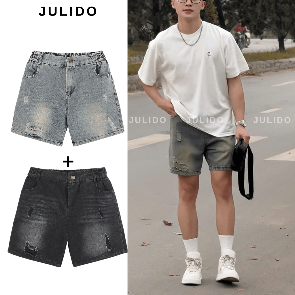 Quần short jean nam JULIDO cạp khuy, quần jean short co dãn thoải mái