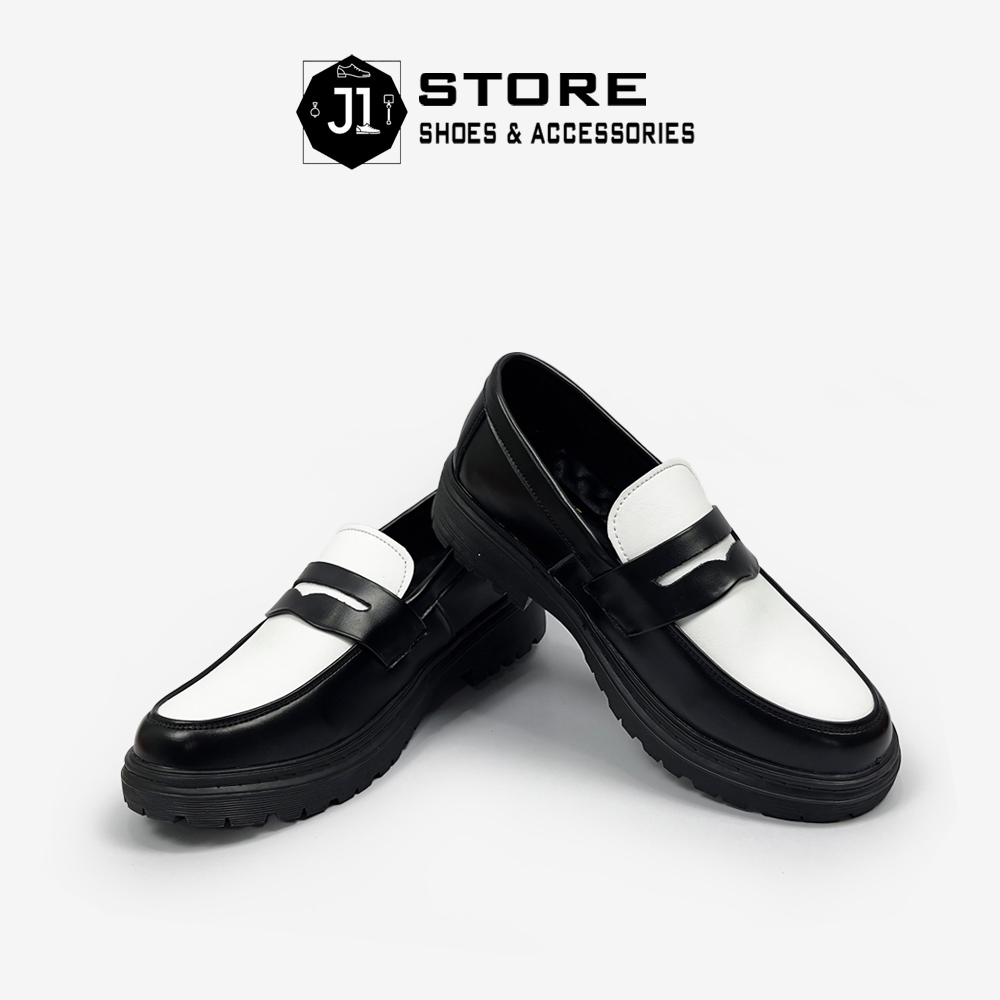 Giày Penny Loafer Black White Da Nguyên Tấm J1, Giày Lười Nam Đế Cao Su Đúc Nguyên Khối