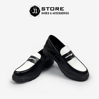 Giày Penny Loafer Black White Da Nguyên Tấm J1, Giày Lười Nam Đế Cao Su Đúc Nguyên Khối