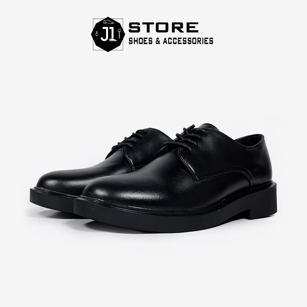 Giày Modern Derby Full Black BK01 Da Nguyên Tấm J1, Giày Derby  Đế Cao Su Tăng Chiều Cao 4cm