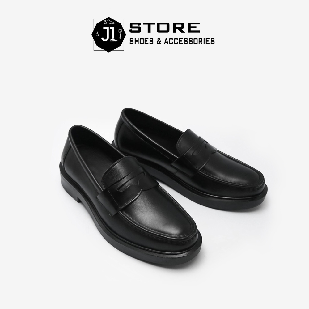 Giày Penny Loafer Black LF03 Da Bò Nguyên Tấm J1, Giày Lười Nam Đế Cao Su Tăng Chiều Cao 4cm