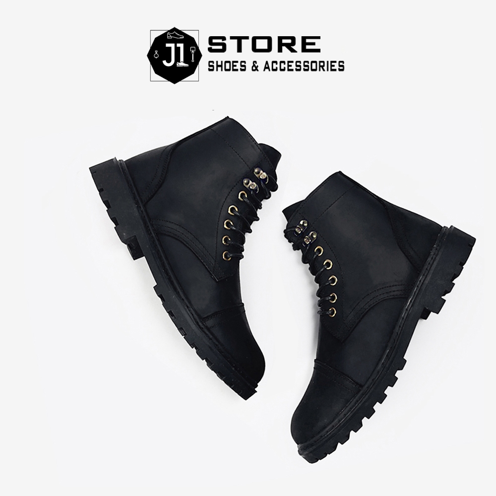 Giày Combat Boots Iron Black CK01 Da Bò Sáp J1, Giày Boot Chiến Binh Đế Cao Su Đúc Nguyên Khối