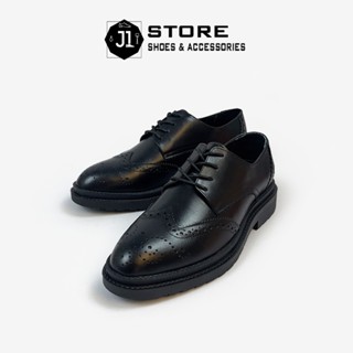 Giày Modern Derby Wingtip Chunky Black Da Bò Nappa J1, Giày Tây Nam Đế Tăng Chiều Cao 4.5cm