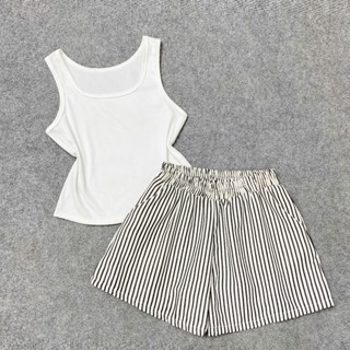  Set đồ đi chơi bigsize nữ áo thun ba lỗ cổ tròn kèm quần đùi ống rộng lưng thun kẻ sọc chất vải mềm mịn - G245+Q554 