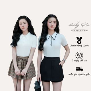 Áo thun nữ thiết kế cổ nhọn viền ren, áo kiểu body phối cúc tiểu thư Linly Store A-AT9