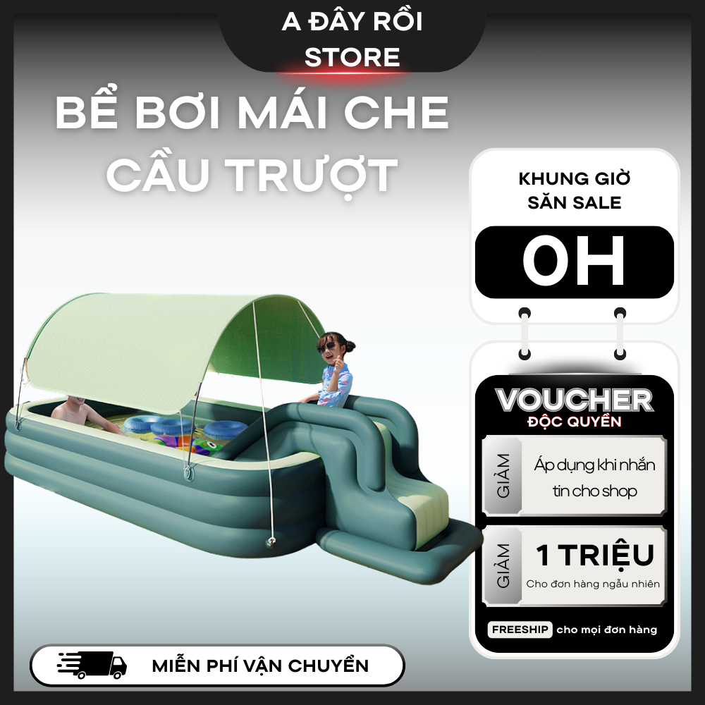 Bể bơi phao 4 mùa có mái che KAW, Bể bơi có cầu trượt phao bền đẹp, chống trượt, nhiều kích thước