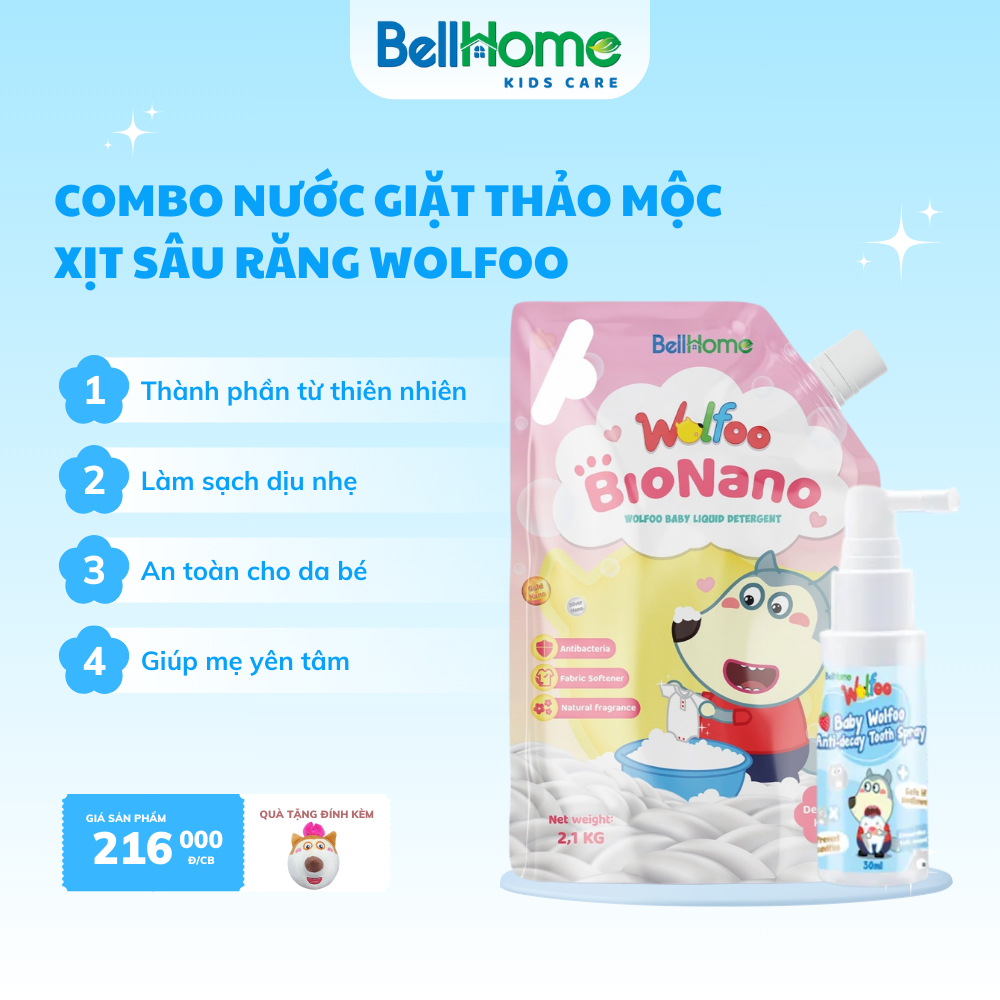 Combo Nước giặt xả Wolfoo 2.1kg thảo mộc - Xịt sâu răng Wolfoo 30ml An toàn cho bé