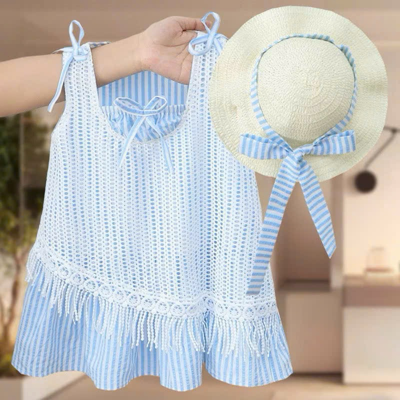 [Ánh Nhi Kids] Đầm hai dây phối lưới chất thô mềm cột nơ cổ cho bé đi biển đi chơi mùa hè