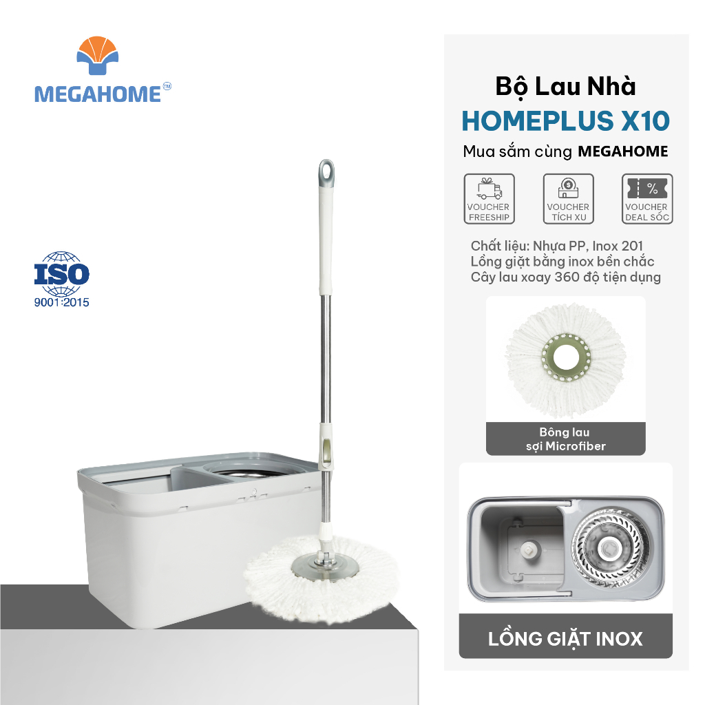 Bộ lau nhà Megahome Homeplus X10 thùng lau vuông sang trọng, cây lau siêu nhẹ