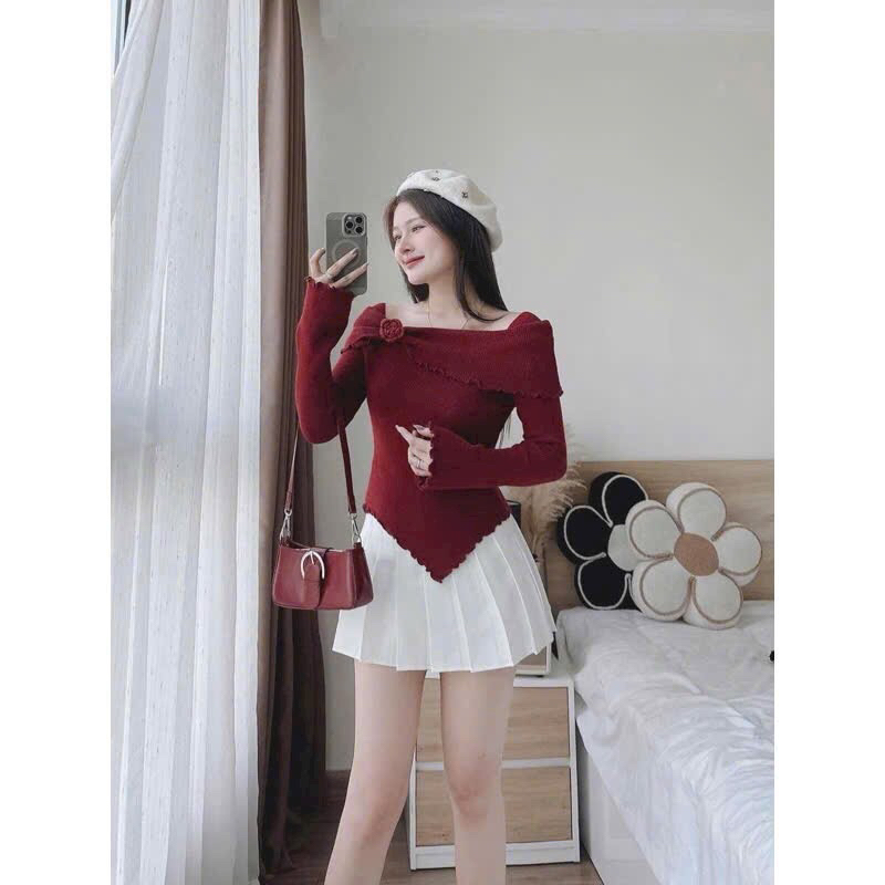 Áo Len tiểu thư trễ vai - Set váy áo outfit Tết du xuân A347 | BigBuy360 - bigbuy360.vn