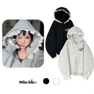 Áo Hoodie Zip Nỉ Bông Form Boxy Phối Ren_Áo Khoác Có Nón Phối Ren Fom Rộng Nam Nữ Unisex 2025