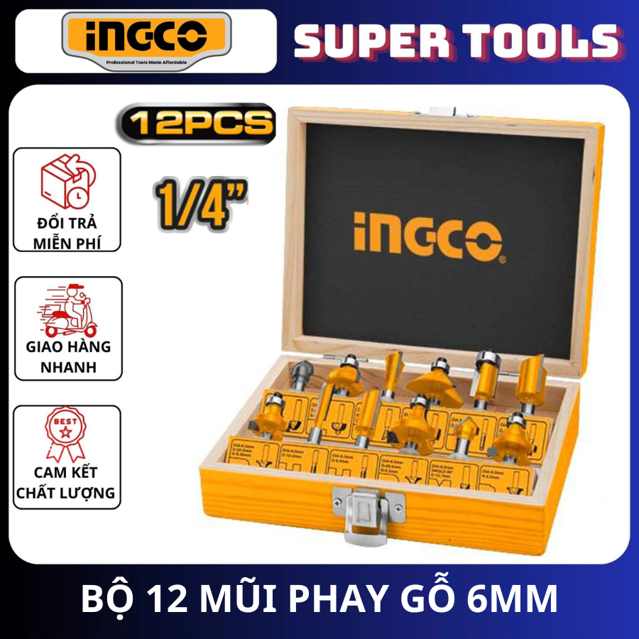 INGCO Bộ 12 mũi phay gỗ 6MM AKRT12141 <HÀNG CHÍNH HÃNG>