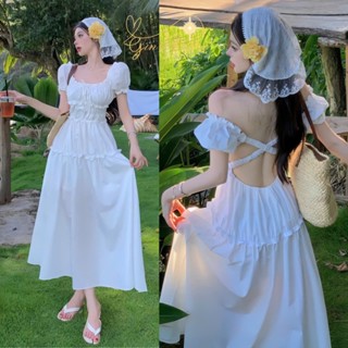 Váy Maxi Đi Biển, Đầm Trễ Vai Hở Lưng Thiết Kế Nhún Eo Tầng Chất Đũi QC Cao Cấp Cho Mùa Du Lịch Gin62 G231