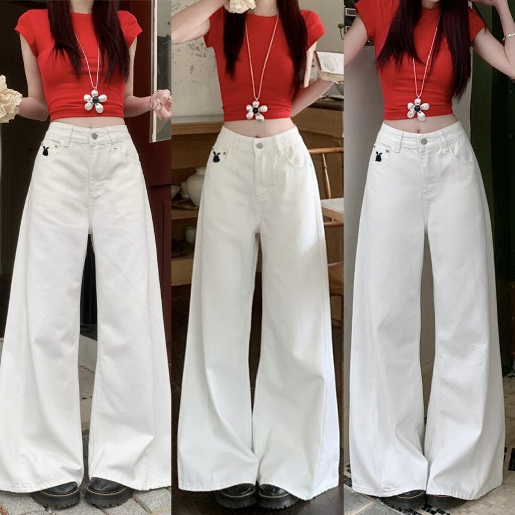 Quần Jeans Trắng Thêu Thỏ Suông Rộng MIAA, Quần Bò Jean Lưng Cao Ôm Eo Form Đứng HOTTREND J09