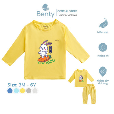 Bộ dài tay cài vai in thỏ BENTY BT013 chất vải thấm hút mồ hôi tốt, quần áo bé trai bé gái cao cấp