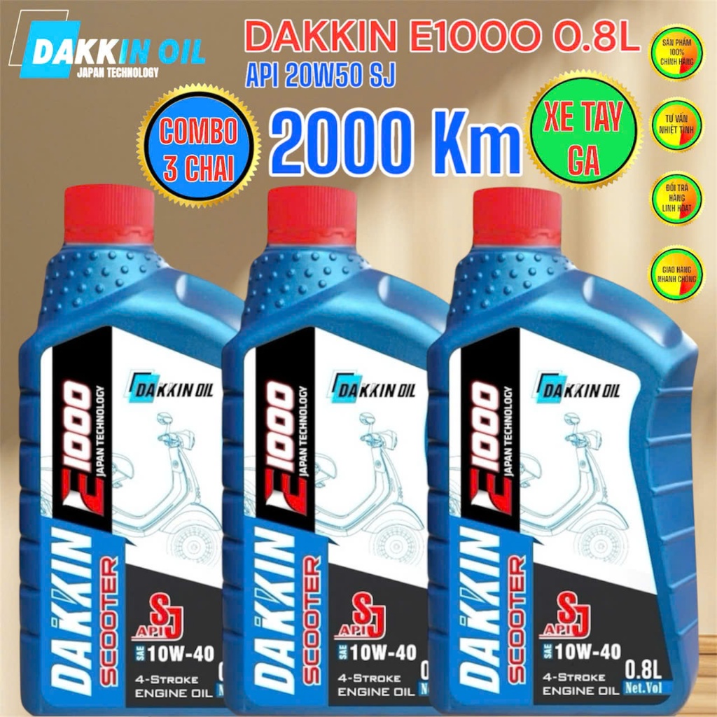COMBO 3 CHAI DẦU NHỚT DAKKIN SCOOTER E1000 10W40 SJ – 0.8