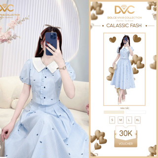  Đầm sơ mi cổ sen tay phồng nơ xanh kẻ sọc phong cách tiểu thư dáng dài DS6059 - DVC Chính Hãng 