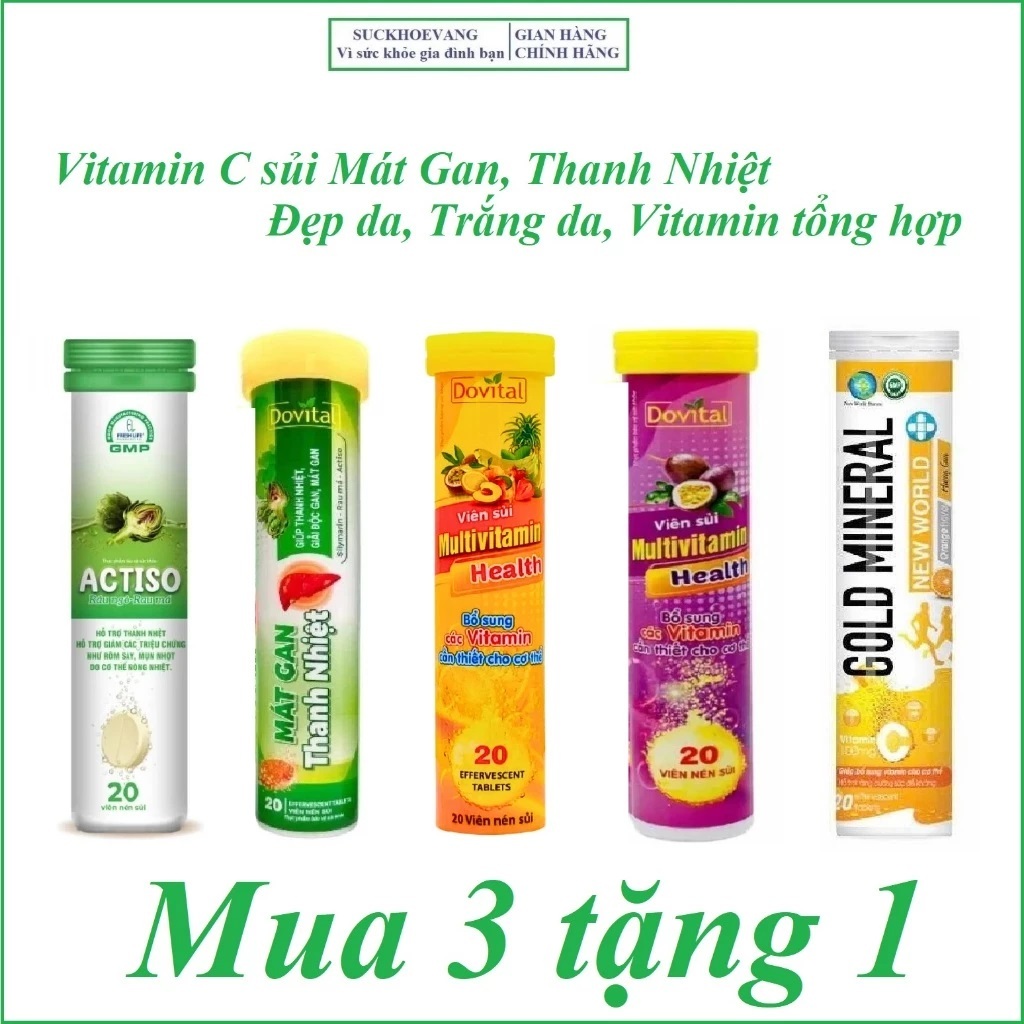 C sủi Vitamin C MULTIVITAMIN trắng da vị chanh leo, cam, Mát Gan, thanh nhiệt, actiso rau má