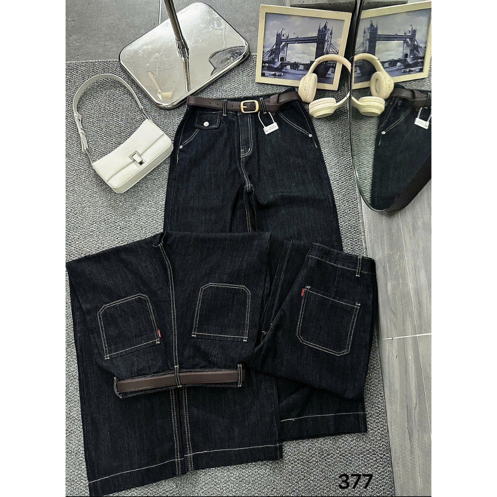 Quần ống suông rộng jean nữ túi kiểu Bigsize 55kg-90kg hàng QC cao cấp, kiểu dáng ống rộng màu xanh than QC377 2KJeans | BigBuy360 - bigbuy360.vn
