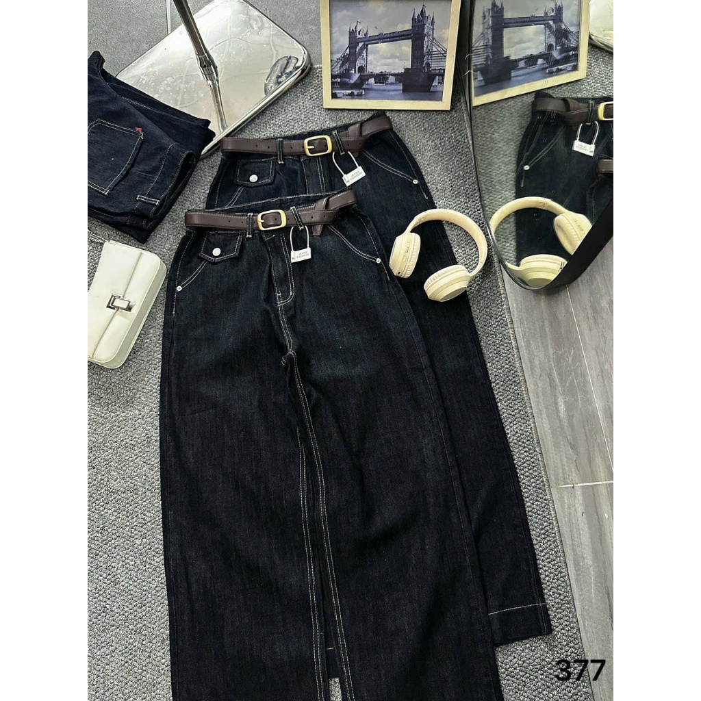 Quần ống suông rộng jean nữ túi kiểu Bigsize 55kg-90kg hàng QC cao cấp, kiểu dáng ống rộng màu xanh than QC377 2KJeans | BigBuy360 - bigbuy360.vn