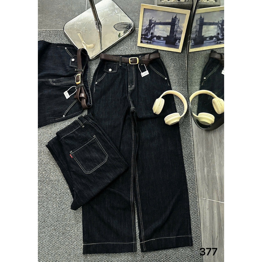 Quần ống suông rộng jean nữ túi kiểu Bigsize 55kg-90kg hàng QC cao cấp, kiểu dáng ống rộng màu xanh than QC377 2KJeans | BigBuy360 - bigbuy360.vn