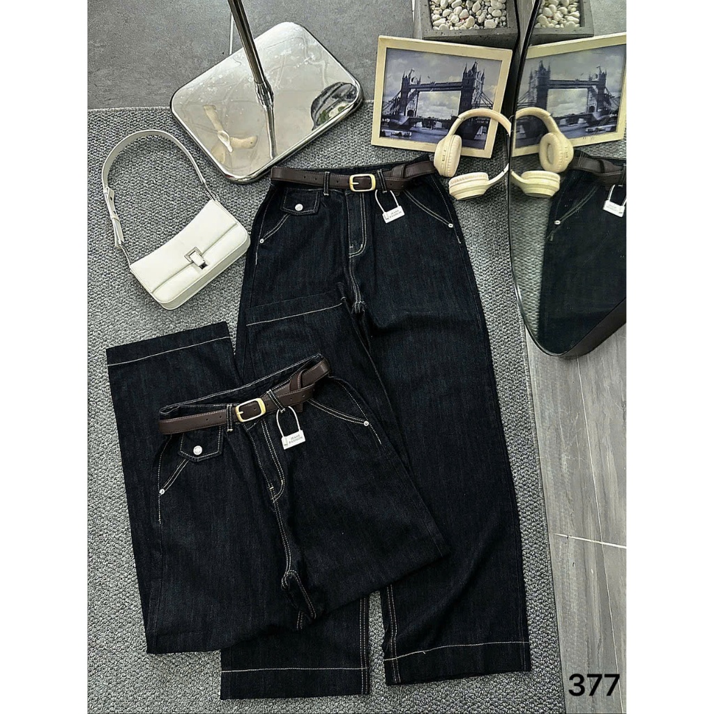 Quần ống suông rộng jean nữ túi kiểu Bigsize 55kg-90kg hàng QC cao cấp, kiểu dáng ống rộng màu xanh than QC377 2KJeans | BigBuy360 - bigbuy360.vn