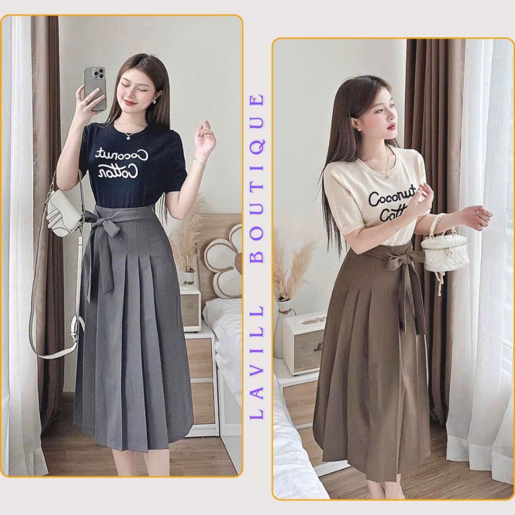 et Đồ Nữ - Áo Thun Tăm Thêu Chữ Phối Chân váy Xếp Ly Cotton Lạnh Xinh Xỉu Lavil Boutique