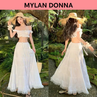  Set Váy Nữ Đi Biển - Áo Croptop Trễ Vai Đính Nơ Kèm Chân Váy Maxi Viền Ren Đi Biển Siêu Xinh 