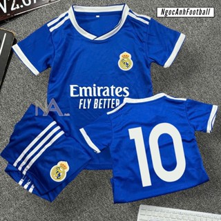 Bộ Quần Áo Bóng Đá Trẻ Em Real Madrid Màu Xanh – Số 10 – Full Logo – Vải Thun Mát