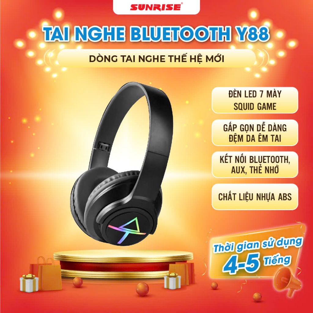 Tai nghe Blutooth SQUI GAME Y88 chơi game âm thanh stereo, đèn 7 màu nhấp nháy phong cách - Sunrise 