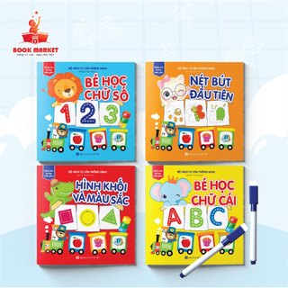 Sách-Tự Xóa Thông Minh-Bộ 4 Cuốn-Bé Học Chữ Số,Chữ Cái, Nét Bút Đầu Tiên,Hình Khối Và Màu Sắc (Kèm Bút)