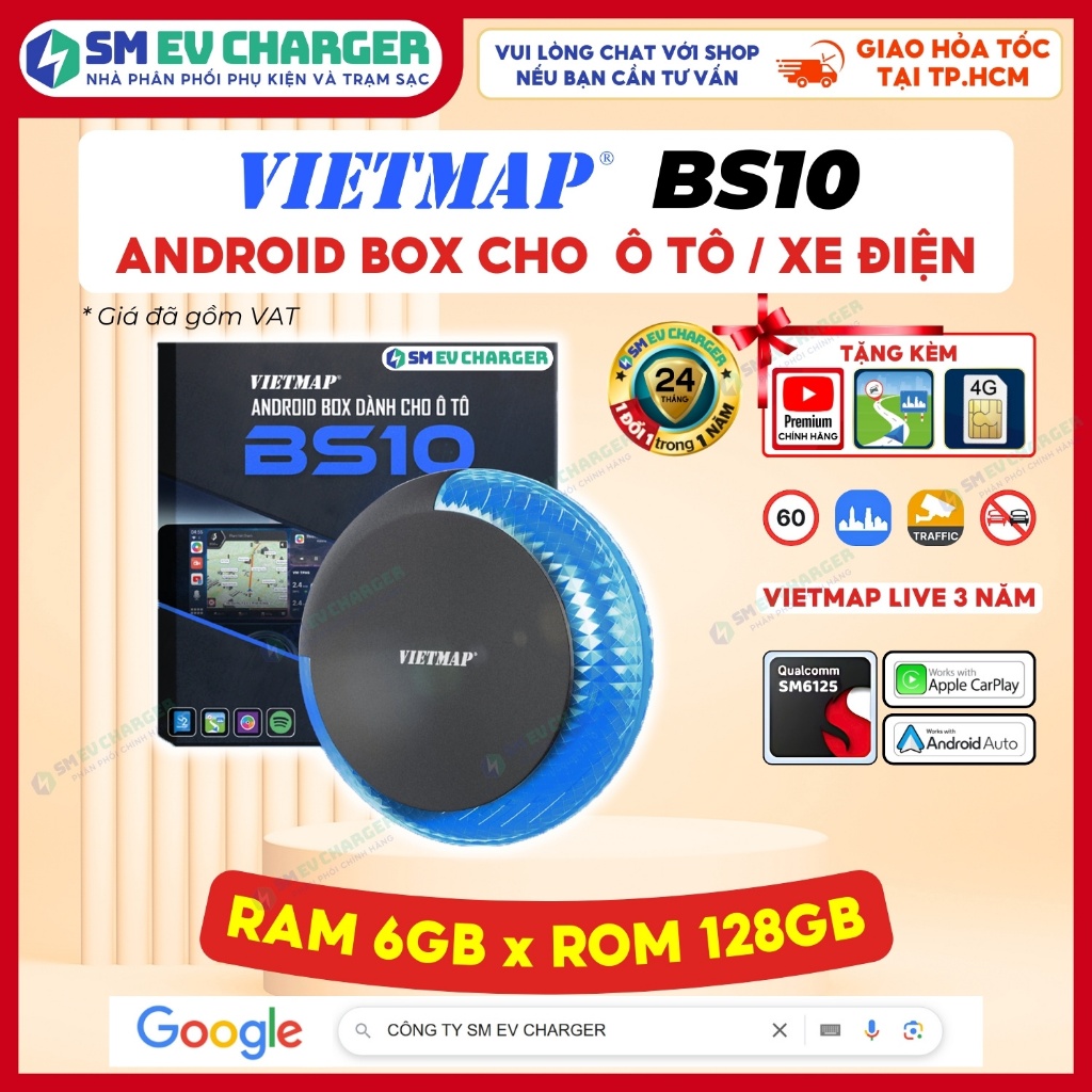 Android Box Vietmap BS10 Tặng SIM 4G Tặng Vietmap Live - Android Box CarPlay và Android Auto SMEV
