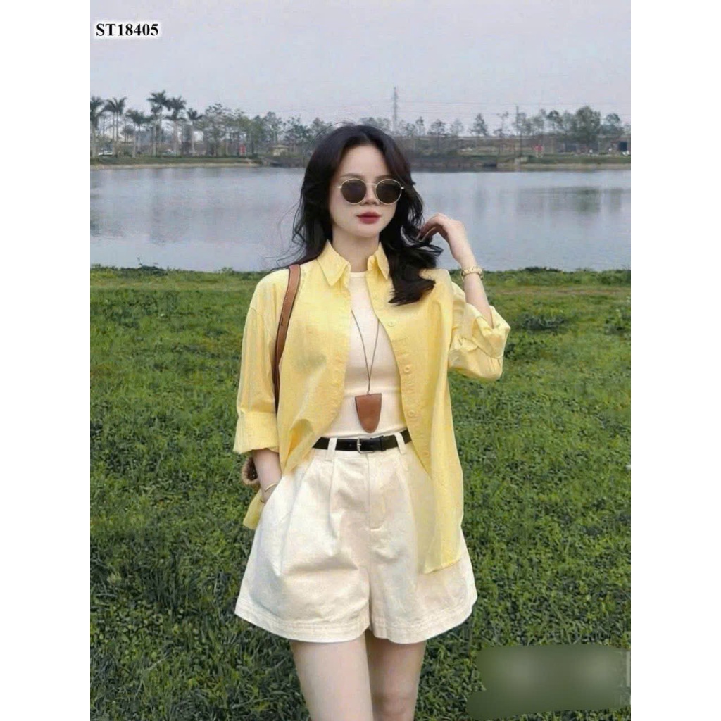 YO SET ĐỒ NỮ SET 4CT ÁO SƠ MI KÈM ÁO BA LỖ QUẦN ĐÙI 2 MÀU CHO NỮ
