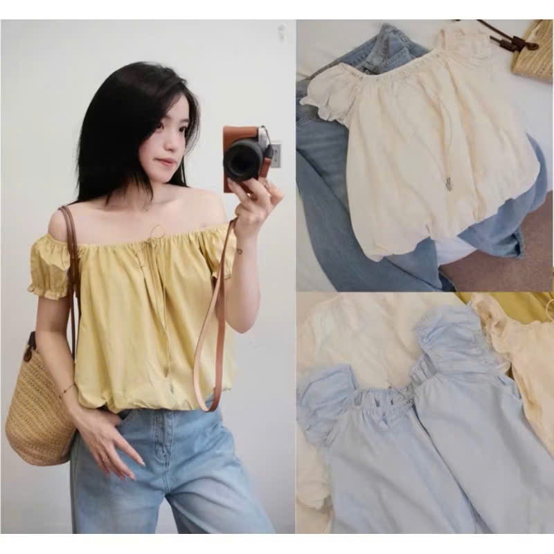 Áo babydoll tay bồng thiết kế vai nhún siêu yêu KÈM CRUNCHIE -Ao957