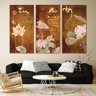   TRANH CHỮ THƯ PHÁP  Bộ 3 Tấm Tranh Treo Tường Chữ Tâm Phúc An - Tranh Tráng Gương Bo Viền Cao Cấp 