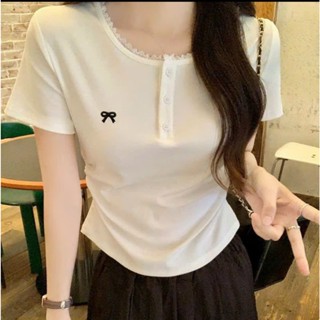 Áo thun cúc ren thêu nơ chất bo dầy dặn form dáng ôm