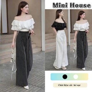 Sét Áo trễ vai + Quần kẻ sọc suông ống rộng mẫu mới Minihouse