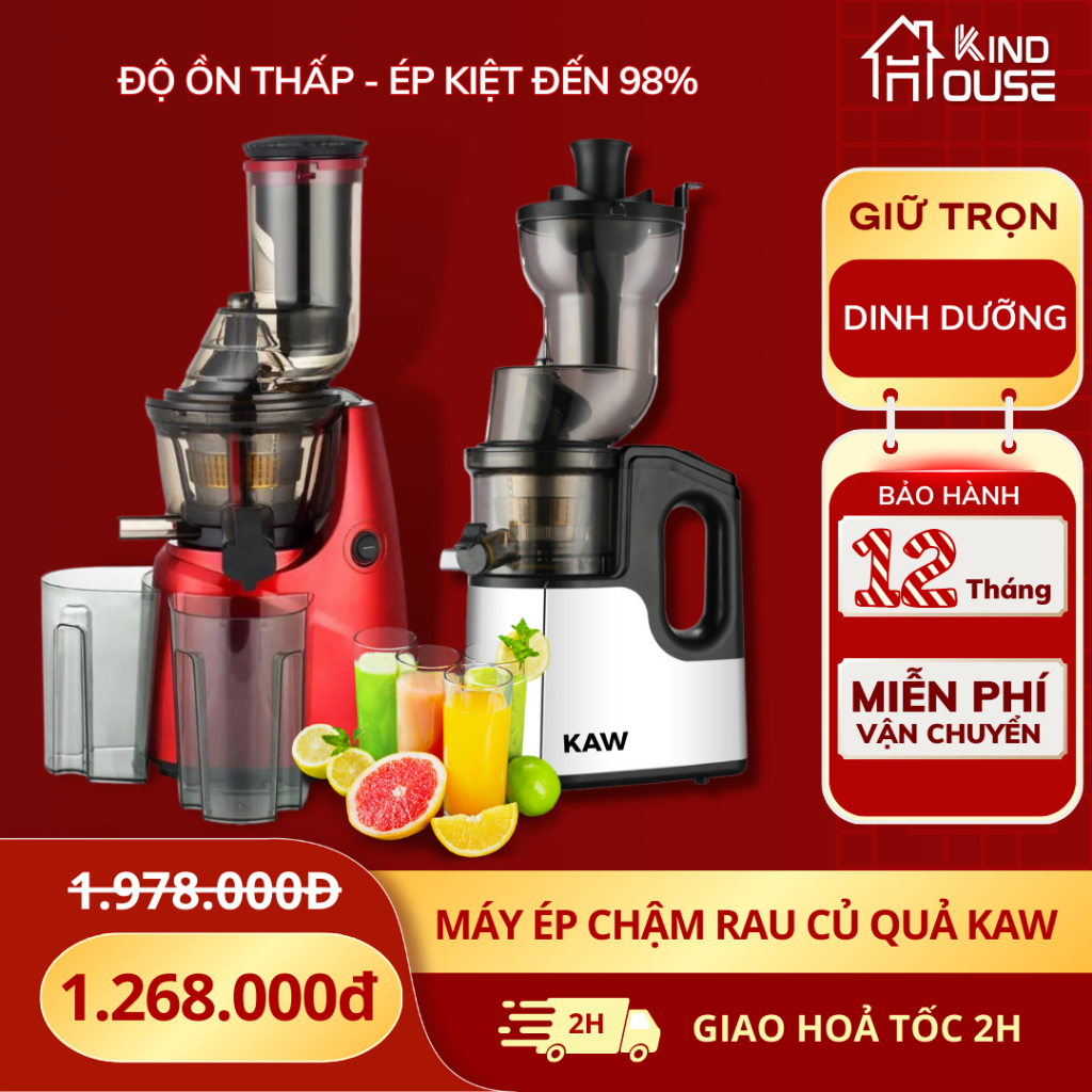 Máy Ép Chậm Công Nghệ Mới KAW JuiceMaster 500W, Ép Nguyên Quả Kiệt Bã Giữ Trọn Dinh Dưỡng, Bảo Hành 1 Năm
