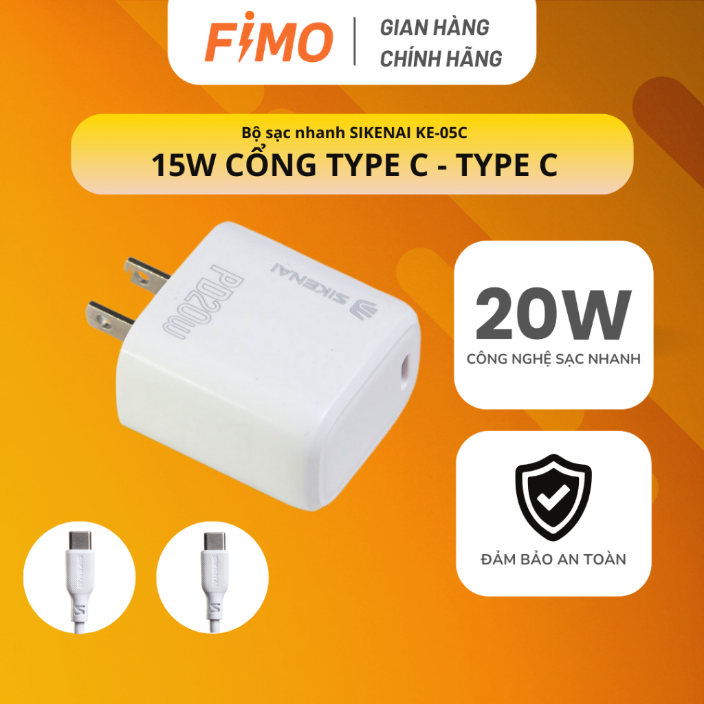 Bộ sạc nhanh 20W SIKENAI KE-05C Cổng TYPE C - TYPE C | Dây sạc an toàn, chính hãng FIMO