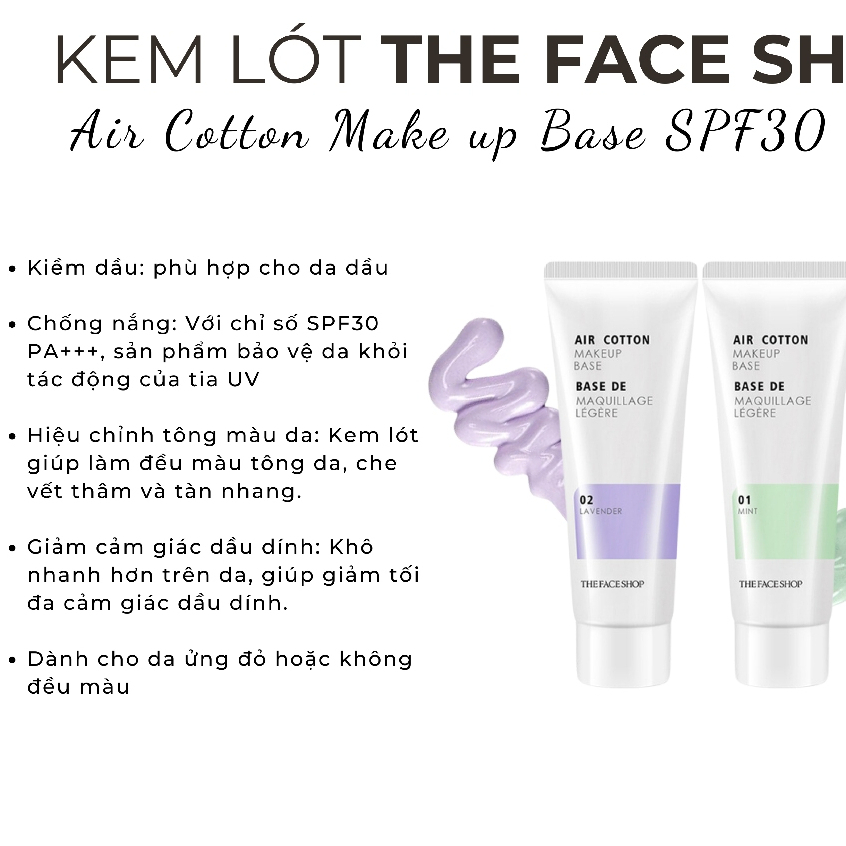 Kem lót kiềm dầu và hiệu chỉnh tông da The Face Shop Air Cotton Makeup Base SPF30 PA++ TFS 40ml