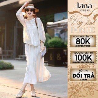 Set váy nữ thiết kế cao cấp LANA DESIGN dáng dài, set đồ nữ dài tay cá tính trắng hồng chất liệu tơ hàn cao cấp - SV555
