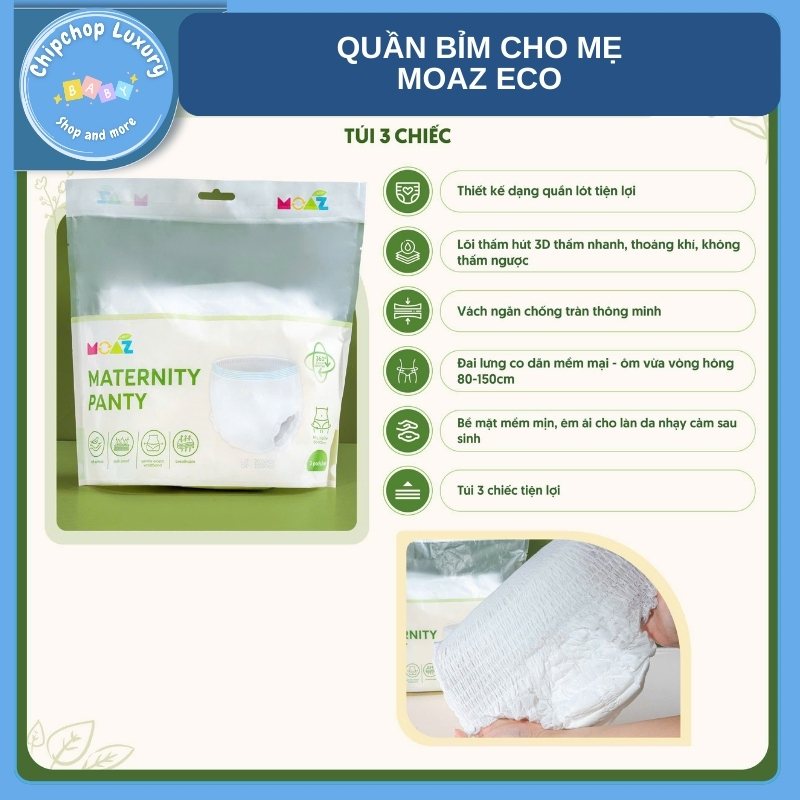 Quần bỉm sau sinh cho mẹ moaz eco mềm mại co giãn thấm hút tốt hông 80-105cm (3 chiếc/túi) chipchop
