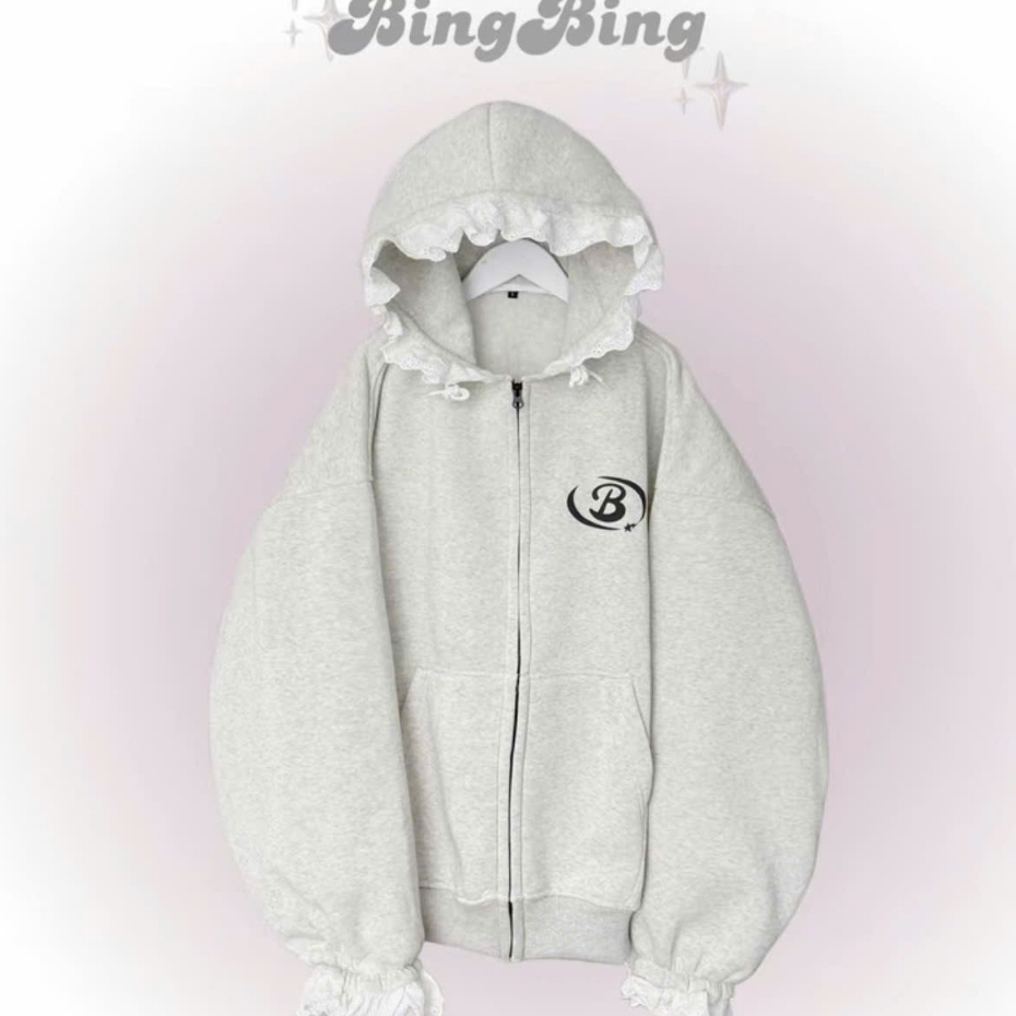Áo Hoodie Nỉ Bông Phối ren Form Boxy - Áo khoác Đen, Xám  Nam Nữ Tay Phồng In Chữ Nổi Unisex Fom Rộng | BigBuy360 - bigbuy360.vn