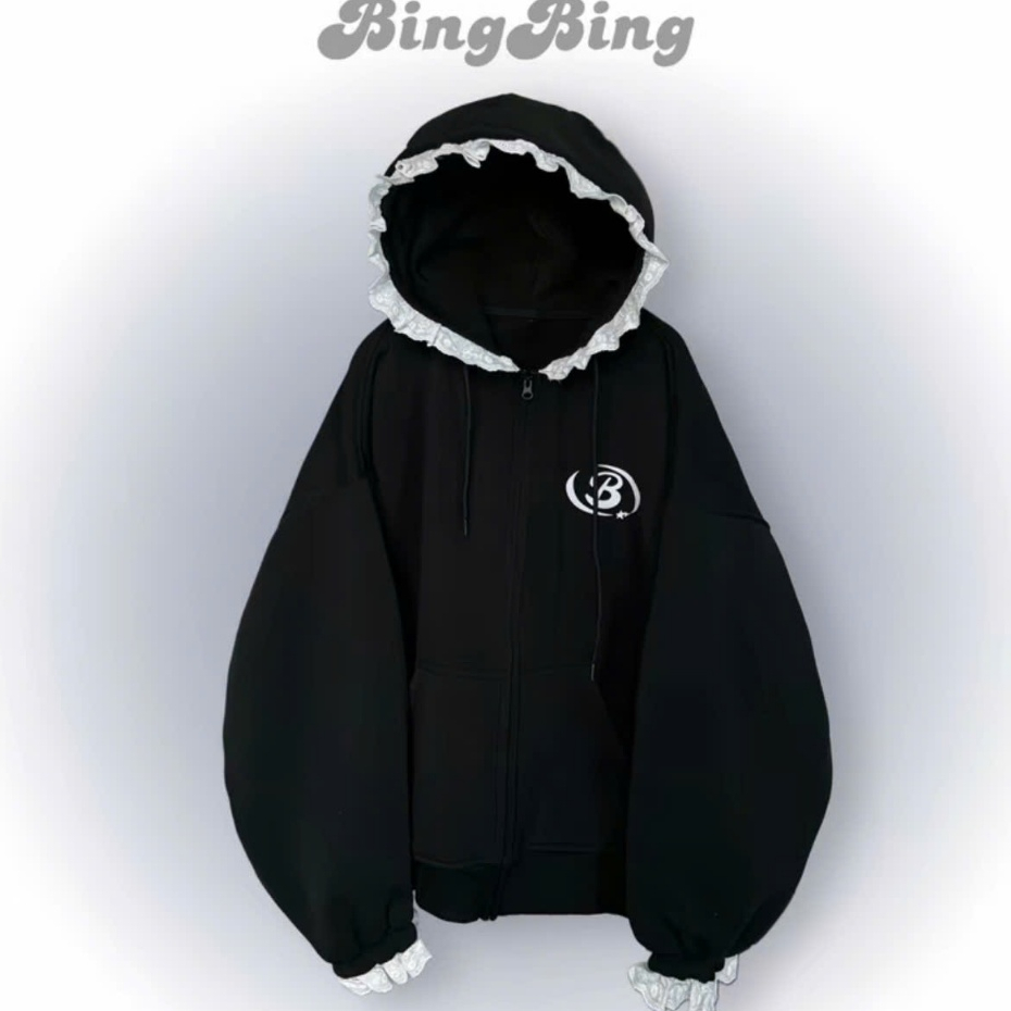 Áo Hoodie Nỉ Bông Phối ren Form Boxy - Áo khoác Đen, Xám  Nam Nữ Tay Phồng In Chữ Nổi Unisex Fom Rộng | BigBuy360 - bigbuy360.vn