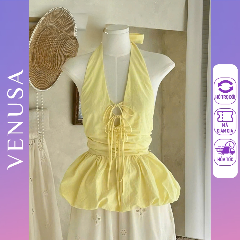 Áo nữ BIGSIZE kiểu cổ yếm buộc sau thắt dây nơ trước ngực màu vàng phù hợp đi du lịch Venusa Store