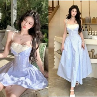  Váy Hai Dây Nơ Vai Kẻ Sọc Kate Xanh Phối Ren Ngực Nút Trang Trí Dáng Chữ A Ngắn Tiểu Thư   Kèm Quần Bảo Hộ  