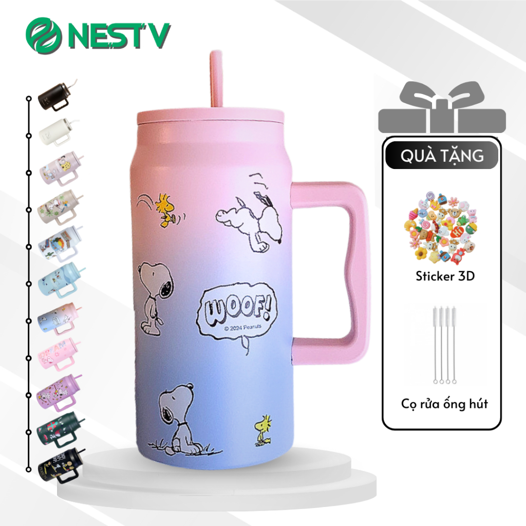 Bình giữ nhiệt Snoopy cao cấp 1500ml có tay cầm, ly nước giữ nhiệt nóng lạnh inox 304 cao cấp có ống hút – NEST V